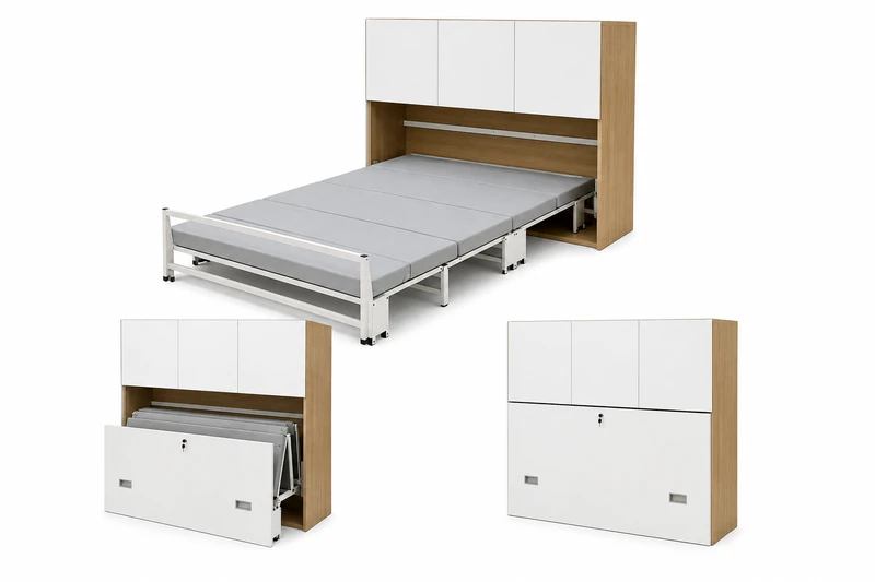 BEXMIO space-saving folding bed with compact storage cabinet