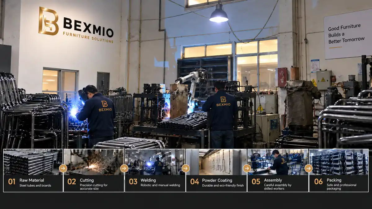 BEXMIO furniture manufacturing factory with welding, powder coating, assembly and packing