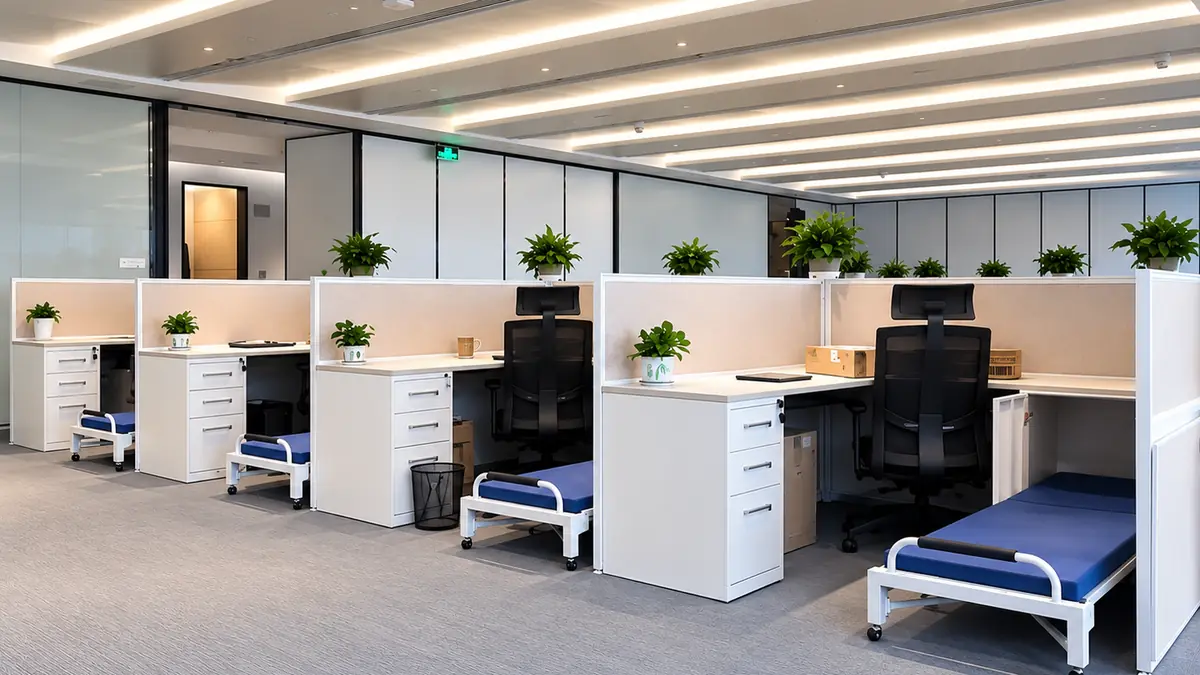 BEXMIO office space-saving bed project with compact folding beds at workstations